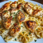 Creamy Alfredo Bowtie Pasta with Garlic Chicken Bites