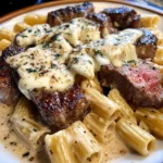 Garlic Cream Steak with Rigatoni in Provolone Cream Sauce
