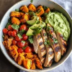 Grilled Chicken Power Bowl with Spiced Sweet Potato Wedges & Avocado Cream