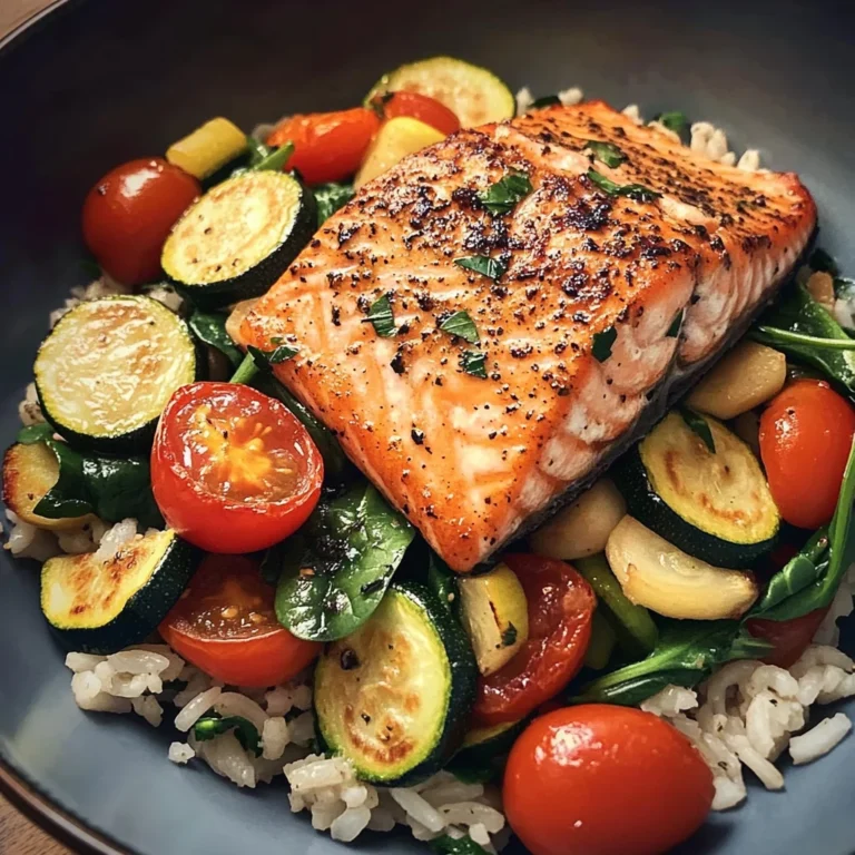 Pan-Seared Salmon on Garlic Veggie Rice Bowl