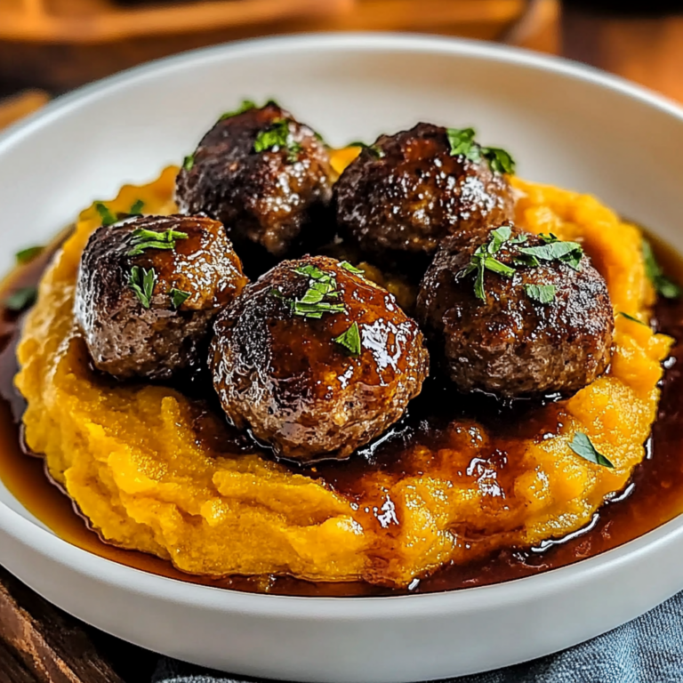 Enjoy Irresistible beef Meatballs with Sweet Potato Mash & Bourbon-Maple Sauce