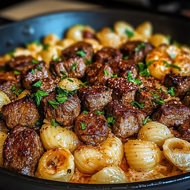 Cajun Steak Bites and Cheesy Garlic Shells Skillet
